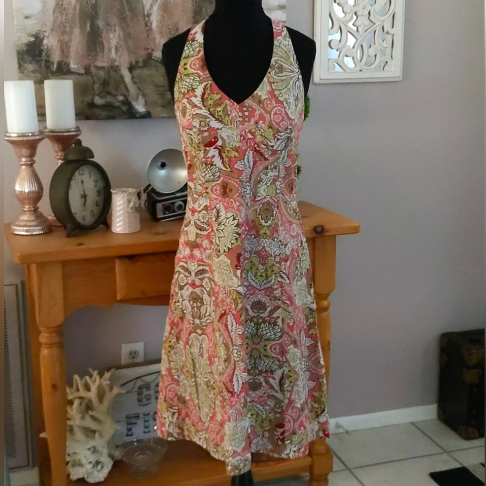 Ann Taylor Pink & Green Floral Aline Halter Dress Size 4